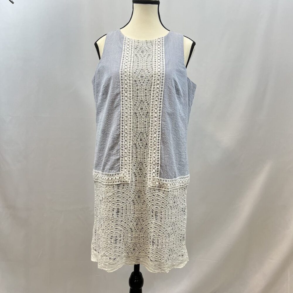 London Times sleeveless seersucker embroidered lace blue dress 10P